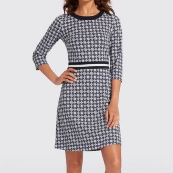 DRAPER JAMES Honeycomb Floral Dress Navy Blue White 3/4 Sleeve Fit & Flare Dress - Picture 3 of 16